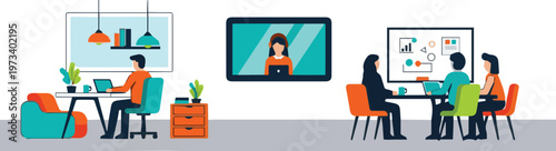 People work collaboratively in an office setting with technology