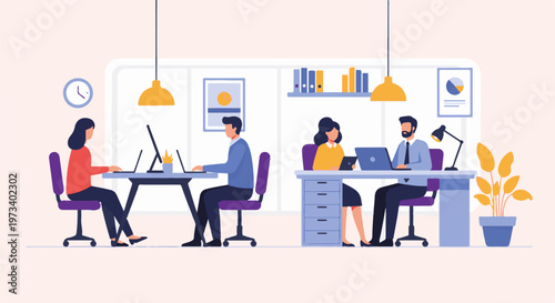 Four people working at desks in a modern office with computers and plants