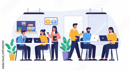 Colleagues collaborating in a modern office with laptops and plants