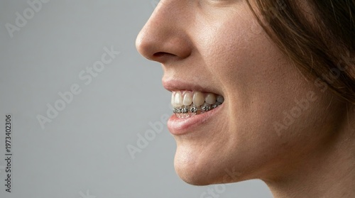 Smile with braces. Detailed image of teeth with orthodontic appliances and confident expression