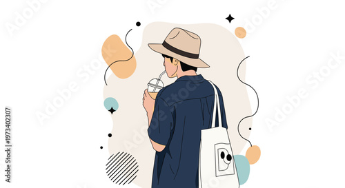 Back view of a stylish man wearing a wide brimmed hat and carrying a tote bag while drinking from a plastic cup.
