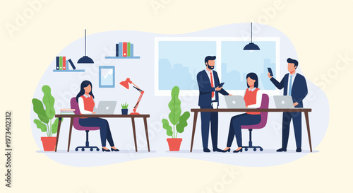 Colleagues collaborating in a modern office space, working together on laptops and discussing