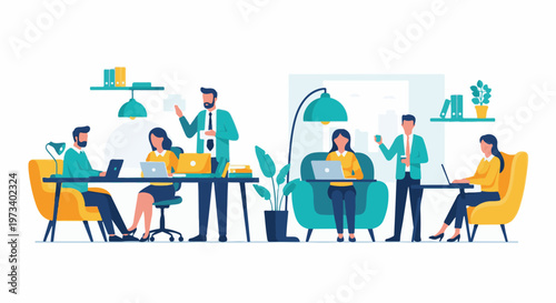 Modern office scene with diverse individuals collaborating and working on laptops, creating a vibrant atmosphere