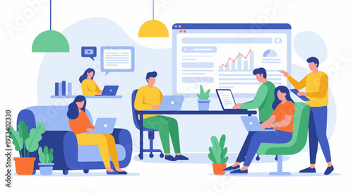 Diverse team collaborates on project, analyzing data on a large screen, working remotely