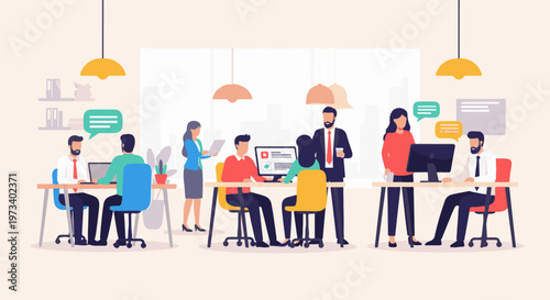 Diverse team collaborates in a modern, brightly lit office environment, fostering productivity