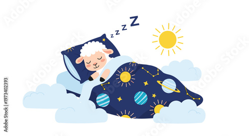 Cute little sheep sleeping peacefully in a bed with space themed blankets and pillows among fluffy clouds and stars.
