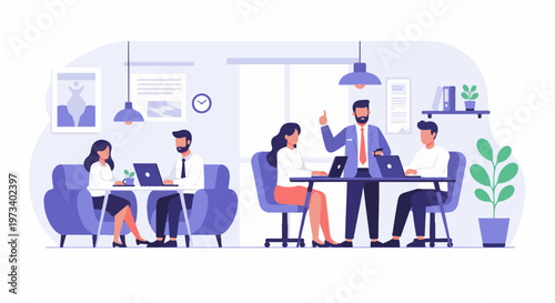 Diverse group collaborating in a modern office setting with laptops and plants