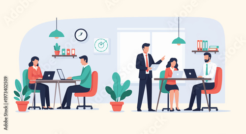 Office scene with people working at desks and a supervisor discussing tasks