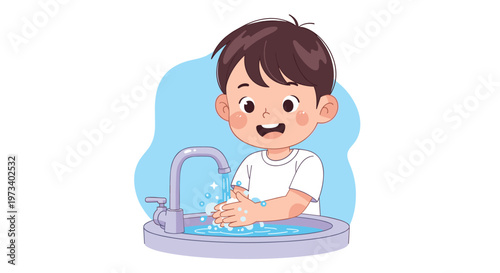 Young boy carefully washing his hands with soap and water at a sink with bubbles to maintain hygiene and health.