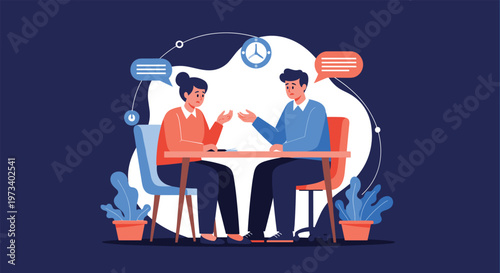 Sad couple sitting at a table having a difficult conversation with speech bubbles and emotional symbols around them.