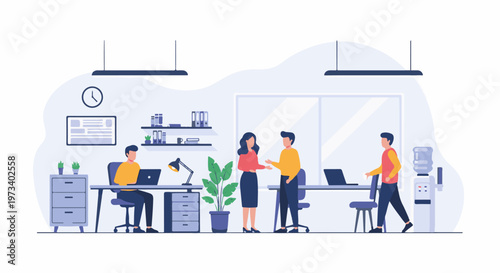 Modern office scene with colleagues interacting and working on laptops