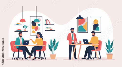 Diverse professionals collaborate in a bright, modern office with abstract art and plants