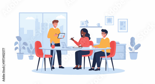 Colleagues in an office discuss projects around a table with plants and city view