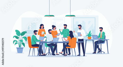 Diverse professionals collaborate around a table with laptops and tablets in a modern office