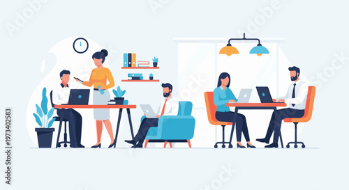Modern office scene with people working collaboratively on laptops and discussing tasks