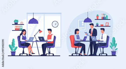 Diverse team collaborates in modern, organized office spaces