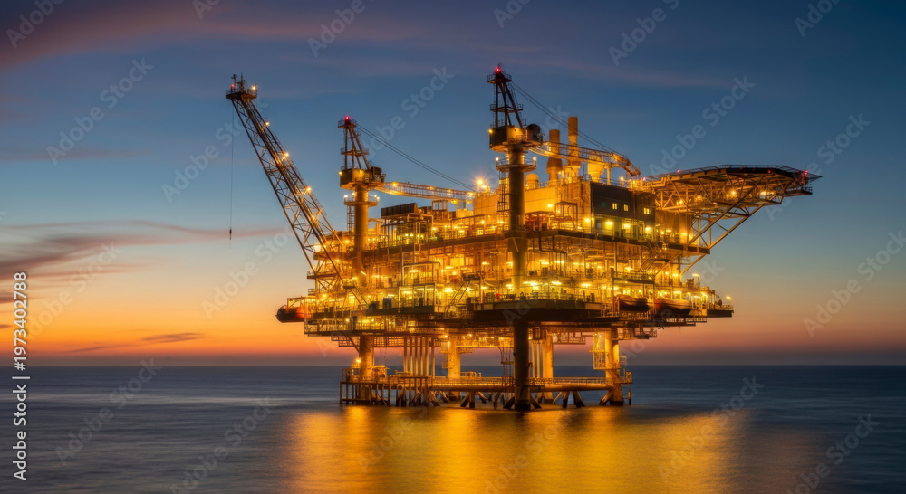 Fototapeta premium An illuminated offshore oil platform stands solitary against a serene twilight sky