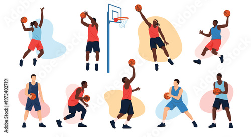 Collection of professional basketball players in various active poses like jumping, shooting, and dribbling the ball.
