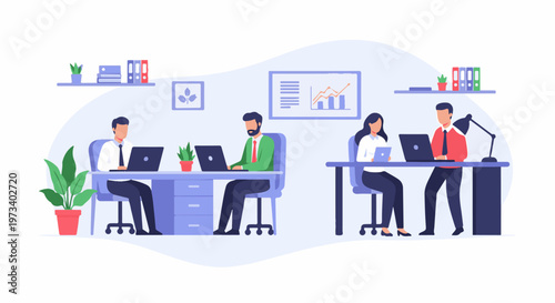 Flat illustration of people working in a modern office with laptops, plants, and charts