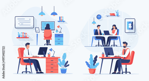 Flat design illustration of diverse people working in a modern office environment with computers and plants
