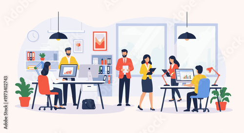 Diverse team collaborates in a bright, modern office, focusing on data and tasks