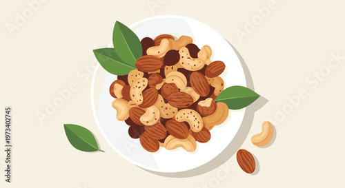Top view of a white plate filled with various types of nuts like almonds, cashews, and hazelnuts with green leaves.