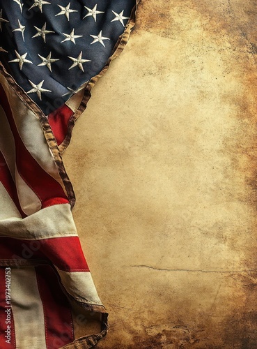worn american flag draped along left edge over aged parchment background, evoking nostalgia, solemn reflection and vintage patriotism