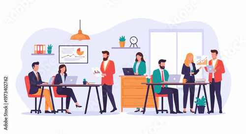 Diverse professionals collaborate in a modern office setting, analyzing charts