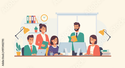 Diverse professionals collaborating in a bright, modern office setting