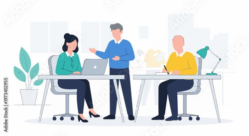 Colleagues in an office collaborate and work at desks with computers and lamps