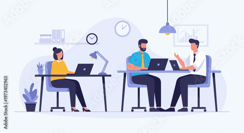 Three people working on laptops at desks in a modern office with plants and charts