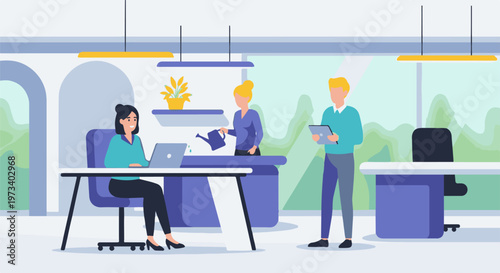 Colleagues collaborate in an office, one uses laptop, another waters plant