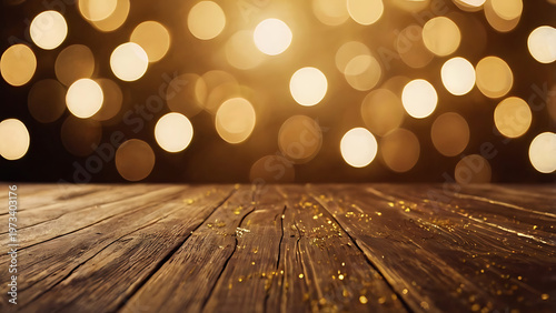 Golden bokeh and bright defocused lights in the city street create a blurred night background with traffic glow and sparkling xmas holiday celebration glitter