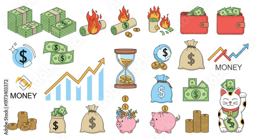 Collection of financial icons featuring cash, coins, savings, piggy banks, currency growth charts, and lucky beckoning cat.