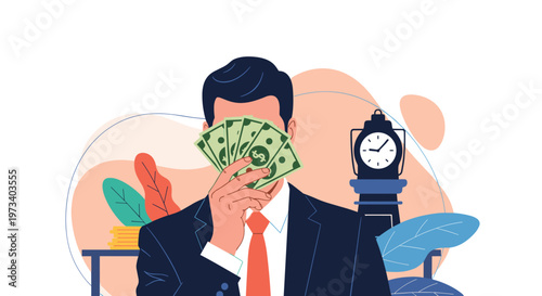 Businessman in a suit hiding his face behind a fan of dollar bills with a clock and office plants in the background.