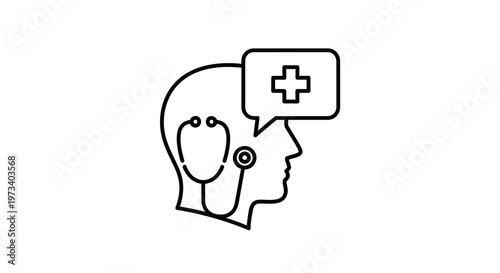 Doctor's Head Silhouette with Stethoscope and Medical Cross in Speech Bubble