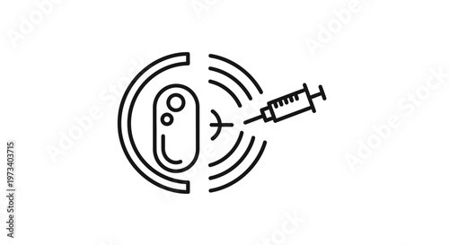 Fertilization process icon: Ovum and sperm injection with waves, science and reproduction concept