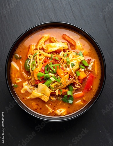 Overhead shot of a bowl filled with savory broth, noodles, vibrant red bell peppers, green onions, and assorted vegetables