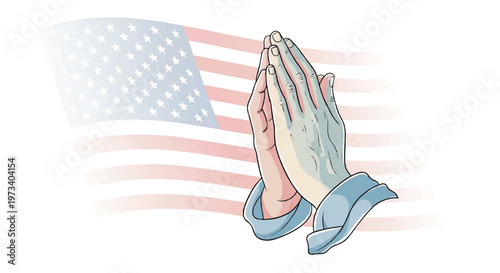 Praying hands, American flag, patriotic vector, thankful gesture, USA symbol