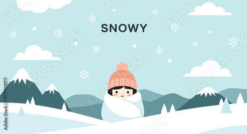 Adorable character wrapped in a warm blanket in a snowy winter landscape with high mountains, snowflakes, and pine trees.