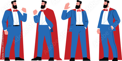 "Confident businessman with beard wearing blue suit and red cape in various poses, professional cartoon vector illustration set"

flat vector illustration