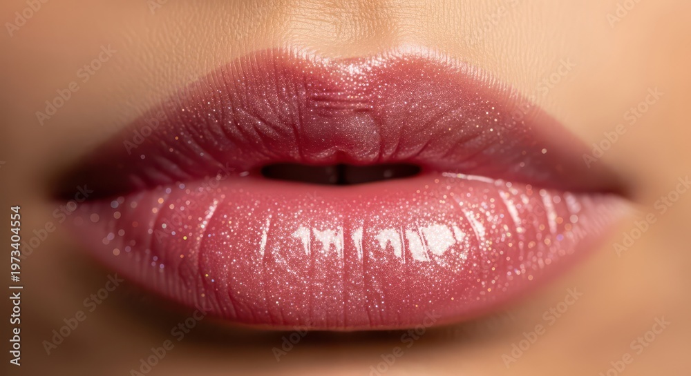 Fototapeta premium Close-up of full, glossy lips with a pink hue.