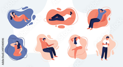 Group of various people in relaxed lounging positions representing different ways to rest and chill out during their leisure time.