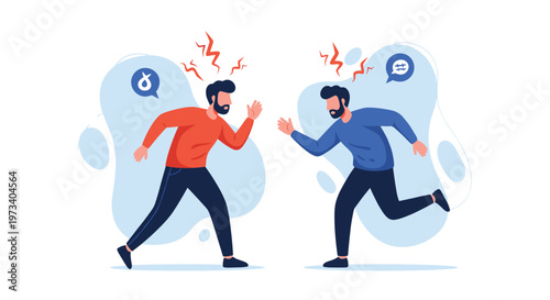 Two men having a fierce disagreement or argument with anger sparks appearing over their heads representing conflict and stress.