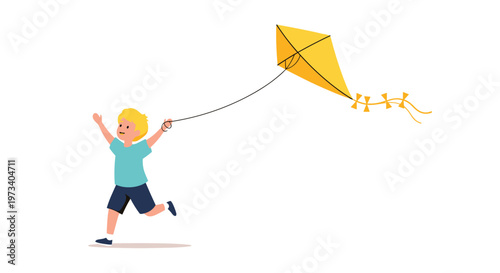 Little boy running with joy while flying a bright yellow kite in the wind against a clean white background.