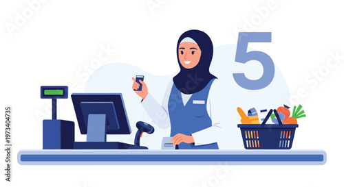 Professional Muslim woman wearing a blue hijab works as a supermarket cashier scanning groceries at a checkout counter.