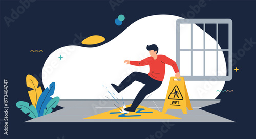 Man slipping and falling on a wet floor in a public space despite the presence of a yellow warning sign for safety.