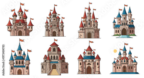 Detailed collection of medieval castle icons with towers, flags, and stone walls representing history, defense, and fairytale architecture.