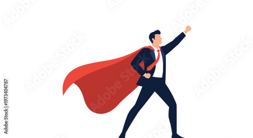 Confident businessman wearing a red superhero cape flies towards success representing power, leadership, and ambition in the workplace.