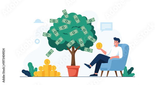 Financial growth concept showing a man relaxing in a chair next to a magical tree growing dollar bills and coins.